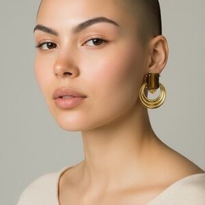 Vintage Gold Tone Door Knocker Earrings Tiger’s Eye Rectangular Hoop 1.75" X 1"